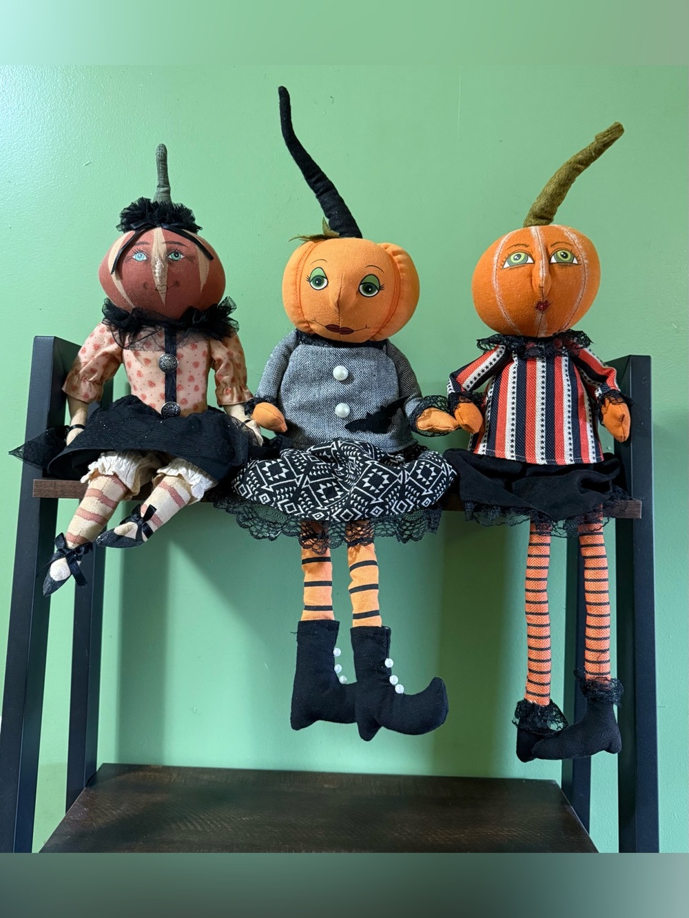3 Vtg Joe Spencer Sweet Treat? Stuffed Primitive Pumpkin Shelf Sitters Halloween
